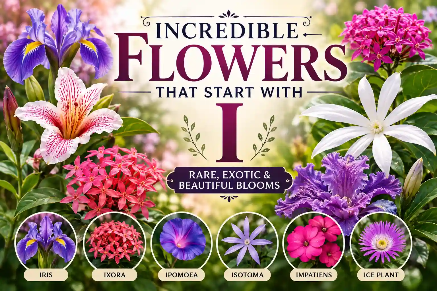 Incredible flowers that start with I including Iris, Ixora, Ipomoea, and Impatiens