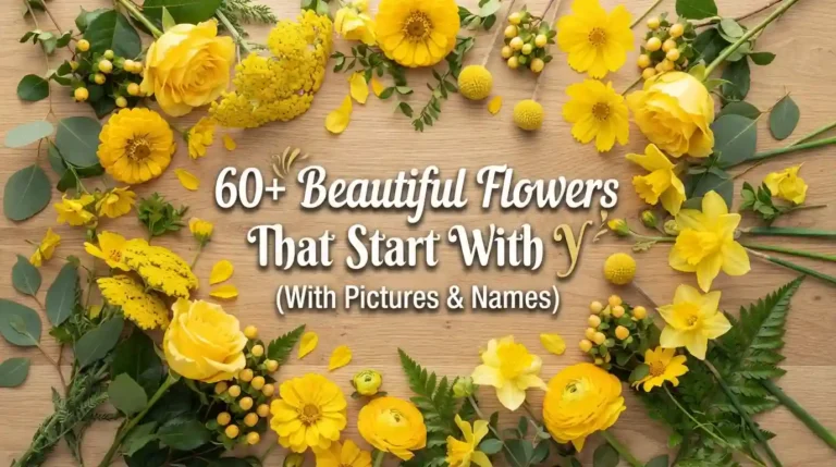 Collection of beautiful flowers that start with Y including Yarrow, Yucca Flower, Yulan Magnolia, Yellow Jessamine, and Yellow Flag Iris in bloom.